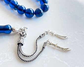 Blue Amber Prayer Beads - 8 mm Ball Beads - Muslim Prayer Beads - 925 Sterling Silver Tassel - Misbaha - Rosary - مسبحة