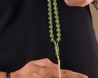 Rosario in ambra verde naturale - Nappa in argento sterling 925 placcato oro - Grani di preghiera islamici da 33 ulivi 8 x 10 mm - Misbaha - Tespih - مسبحة