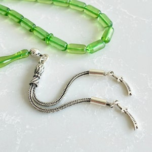 Green Amber Islamic Prayer Beads - 5x10 mm Barrel Beads - Muslim Prayer Beads - 925 Sterling Silver Tassel - Misbaha - Rosary - مسبحة