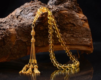 Natural Baltic Amber Tespih, Gold Plated 925 Sterling Silver Tassel, Islamic Prayer Beads of 33 Sphere 7mm, Rosary, مسبحة, Misbaha