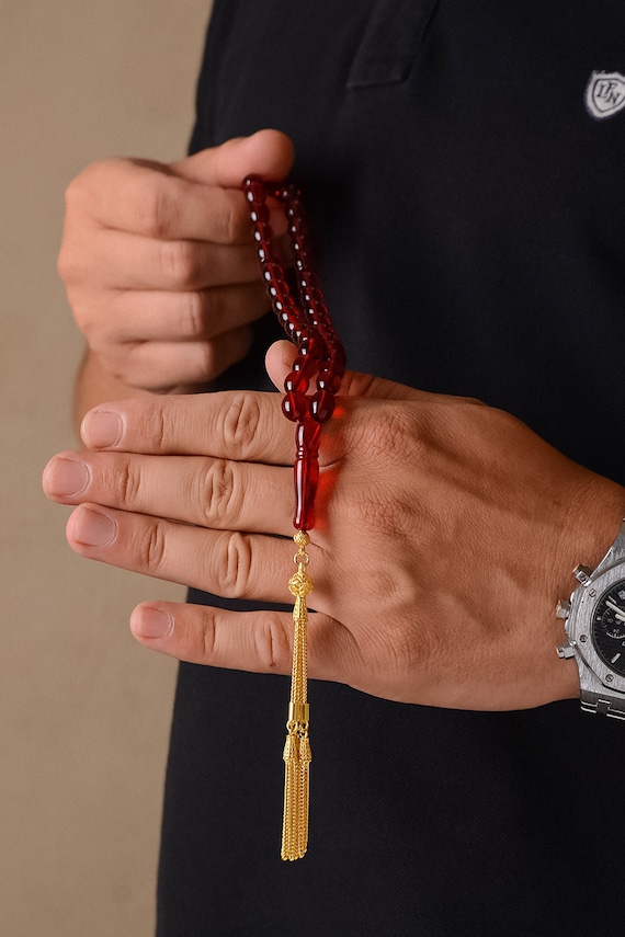 Red Amber Prayer Beads – Gold Plated Sterling Silver Tassel, Islamic Rosary