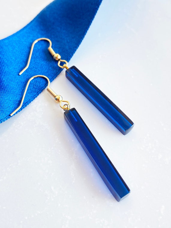 Blue Amber Earrings Ear-wire closure Bar shape Minimalist amber jewelry