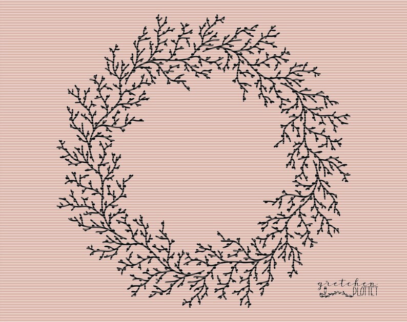 Puede incluir: Ilustraci&oacute;n en blanco y negro de una corona hecha de ramas con un fondo rosa. El texto "Gretchen Plottet" est&aacute; en la esquina inferior derecha.