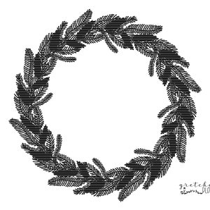 May include: Black and white illustration of a wreath made of pine branches. The wreath is circular and has a simple design. The text "gretchen plottet" is written in cursive at the bottom right corner of the image.