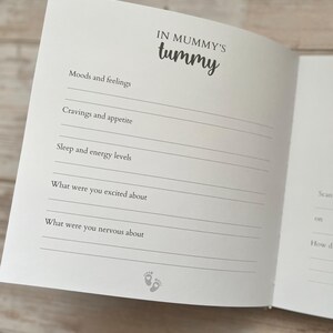 May include: Open book with the title "IN MUMMY'S tummy" in a handwritten font. The pages include prompts for recording moods, cravings, sleep, and excitement during pregnancy. A pair of baby footprints is at the bottom.