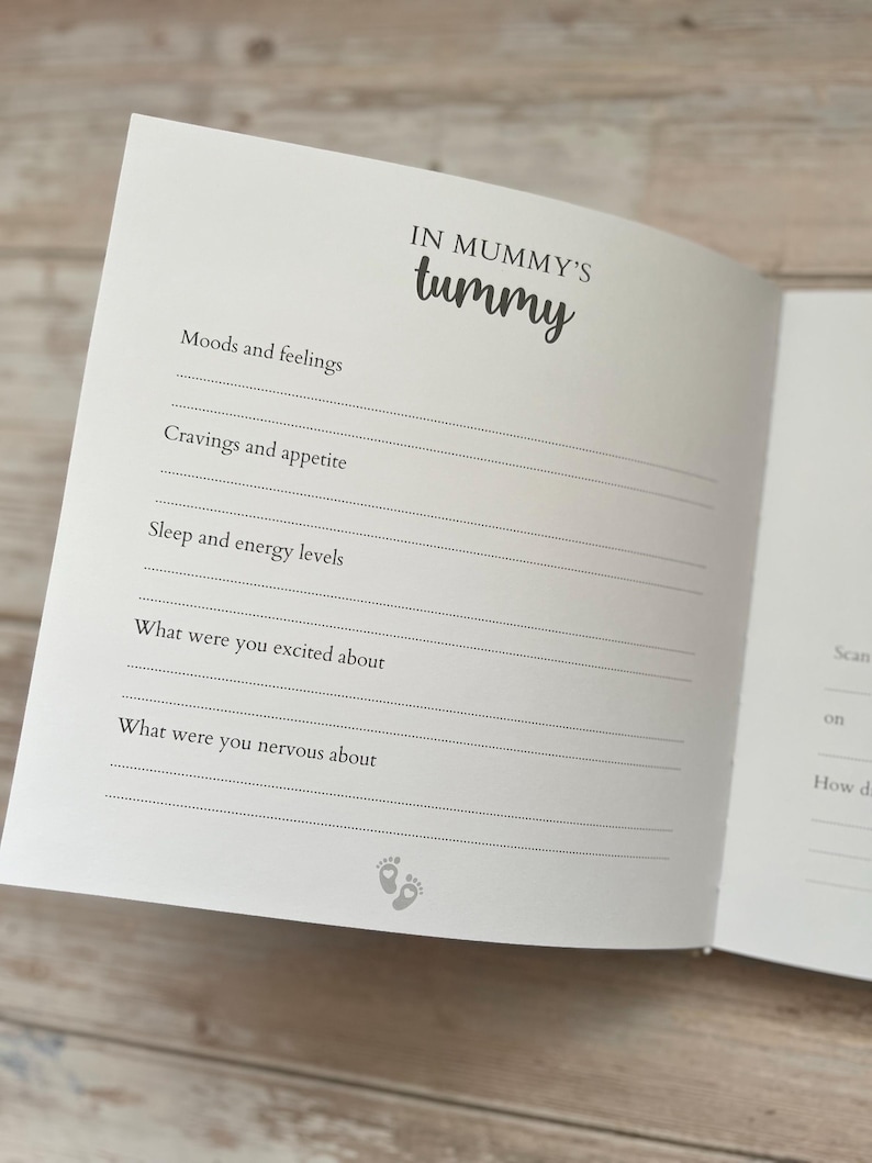 May include: Open book with the title "IN MUMMY'S tummy" in a handwritten font. The pages include prompts for recording moods, cravings, sleep, and excitement during pregnancy. A pair of baby footprints is at the bottom.