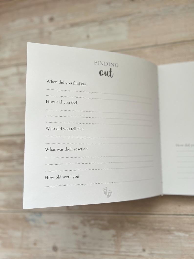 May include: Open journal page with the heading "FINDING out" in a handwritten font. The page includes prompts such as "When did you find out" and "How did you feel?" with lines for writing. Small baby feet icons are at the bottom.