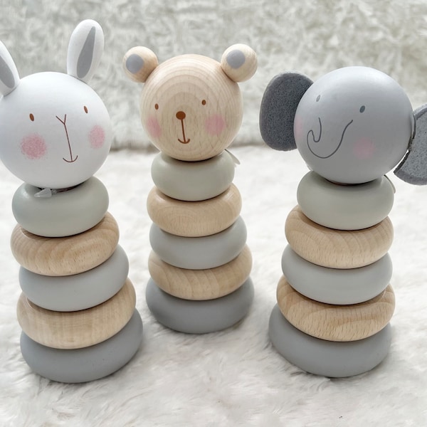 Wooden Baby Toys | Tower Stacking Rings | 1st Birthday Gift | Unisex Baby Gifts | Elephant Bear Rabbit Toys | Baby Games | Small Toys 13cm