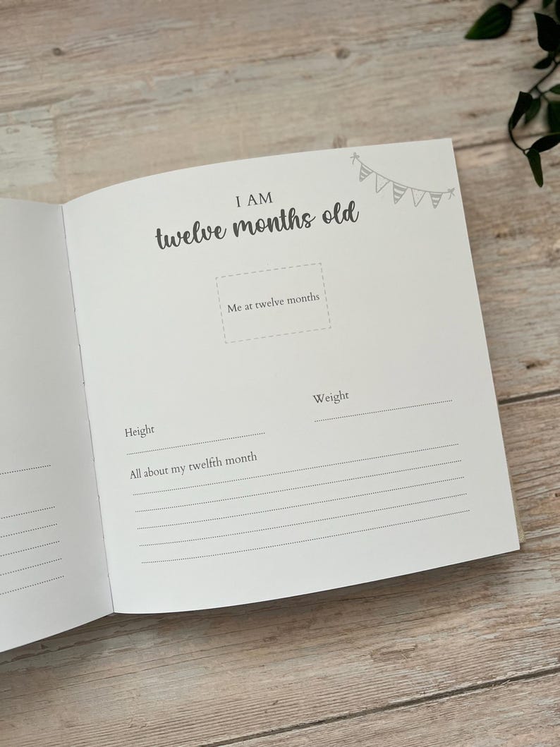 May include: Open baby memory book page with the text "I AM twelve months old." The page includes prompts for height, weight, and a space for a photo. A small banner illustration is in the upper right corner.