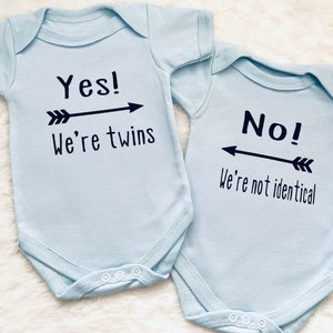 Yes! We’re twins.. No! We’re not identical twin vests, gift for twin babies, newborn clothing sets, gifts for twin boy girls. Both blue