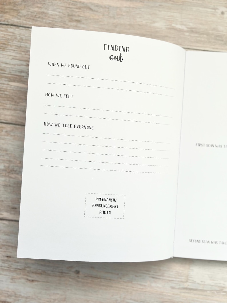 Pode incluir: Um di&aacute;rio branco com texto preto que diz "Finding out" e tem se&ccedil;&otilde;es para "When we found out", "How we felt" e "How we told everyone". H&aacute; um espa&ccedil;o para uma foto etiquetada como "Pregnancy Announcement Photo".