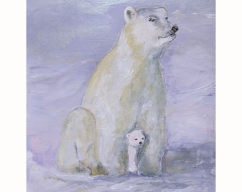 ホッキョクグマの絵画：オリジナル油彩印象派、冬のアート（9x12