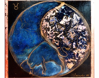 Sterrenbeeld Stier Origineel schilderij acryl en bladgoud Zodiac Vintage muurfoto op canvas 40 x 40 cm door Zoepictures