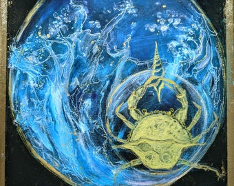 Cancer Zodiac Sign Painting Astrology Vintage Original Canvas Art 16  by 16 Inch by Zoepictures