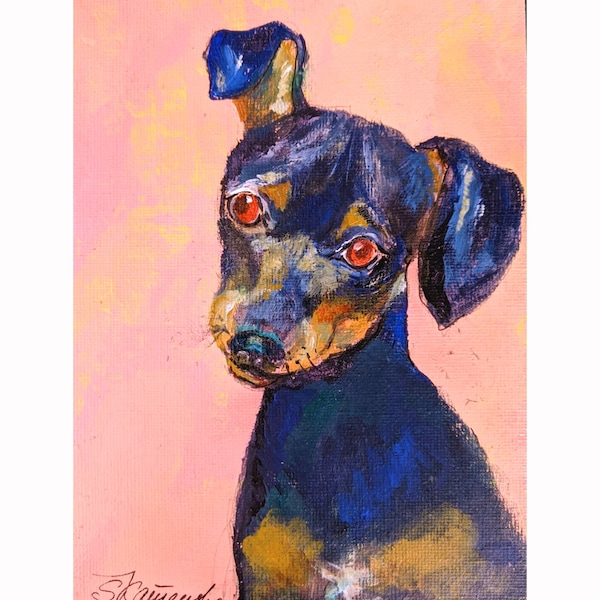 Pinscher tableau original acrylique, petit chien peinture 13 x 18 cm par Zoepictures