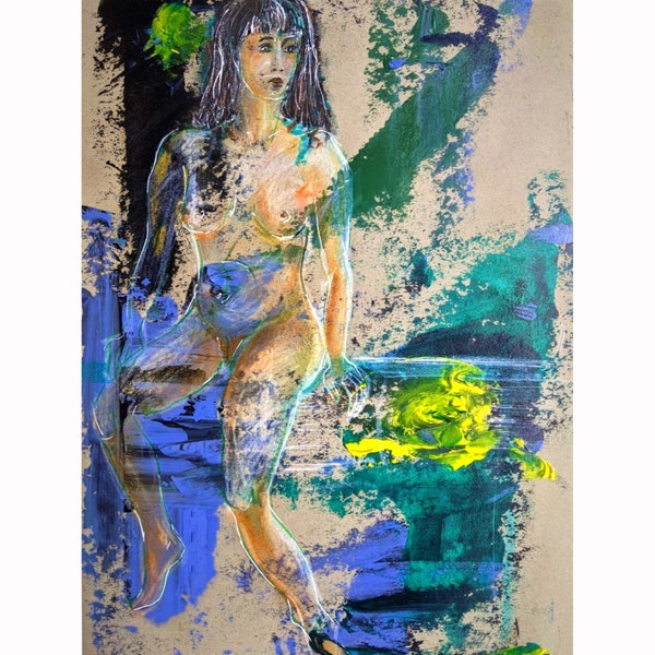 Naked Girl Original Painting  Nude Woman original Acrylic Art 20 by 16  Female Drawing by Zoepictures