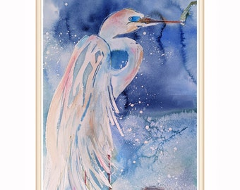 Stork Painting , Water Bird Original Art , Egrets Watercolor Artwork 18 by 12 by Zoepictures