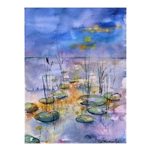 Lilie wodne Oryginalna akwarela Malarstwo Jezioro Sztuka ścienna 31 x 23 cm Malarstwo pejzażowe autorstwa Zoepictures