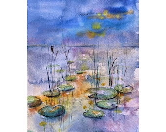 Water Lilies Original Watercolor Painting , Waters Original Art 12 by 9 , Floral Artwork by Zoepictures
