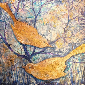 Golden Birds in Enchanted Forest – Original Mixed Media Painting – Whimsical Art with Metallic Details – Nature Wall Art Description