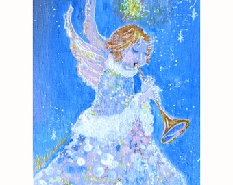 May include: A painting of an angel with wings playing a trumpet. The angel is wearing a white dress with a blue and pink pattern. The background is a blue sky with white stars.