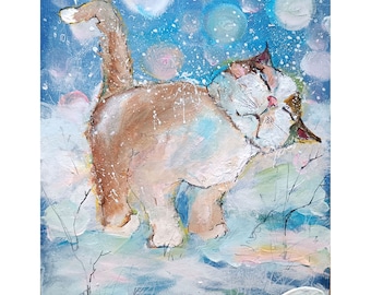 Snow Cat Painting Canvas Board, Pets Original Art , Animals Wall Art 8 by 10 by Zoepictures