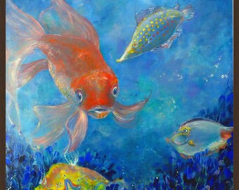 【真作】絵画　油彩（色紙）　青の水中に遊ぶ魚群　躍動感あふれる抽象絵画　A180 il_340x270.3885477729_6kk4.jpg