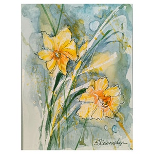 Daffodils Painting , Impressionist  Floral Art , Flowers Small Painting 6 by 8  by Zoepictures