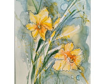 Daffodils Painting , Impressionist  Floral Art , Flowers Small Painting 6 by 8  by Zoepictures