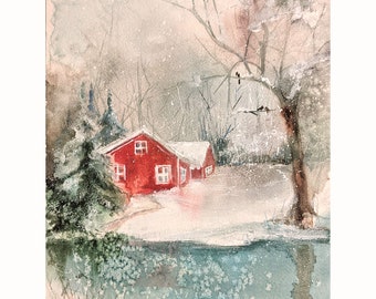 Sneeuwlandschap winter originele foto aquarel sneeuw in Zweden 31 x 23 cm Schilderij van Zoepictures