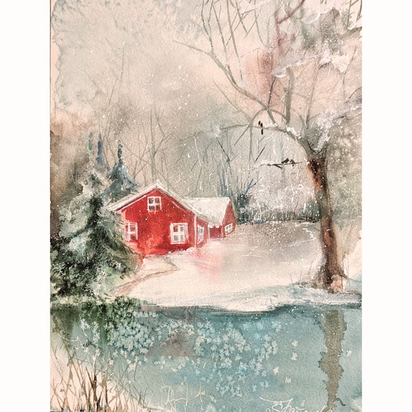 Schneelandschaft Winter Original Bild Aquarell Schnee in Schweden 31 x 23 cm Malerei by Zoepictures