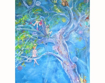 Magic Tree Original Art, Elves and Fairies Painting , Fairy Tale Original Art 28 by 20 by Zoepictures