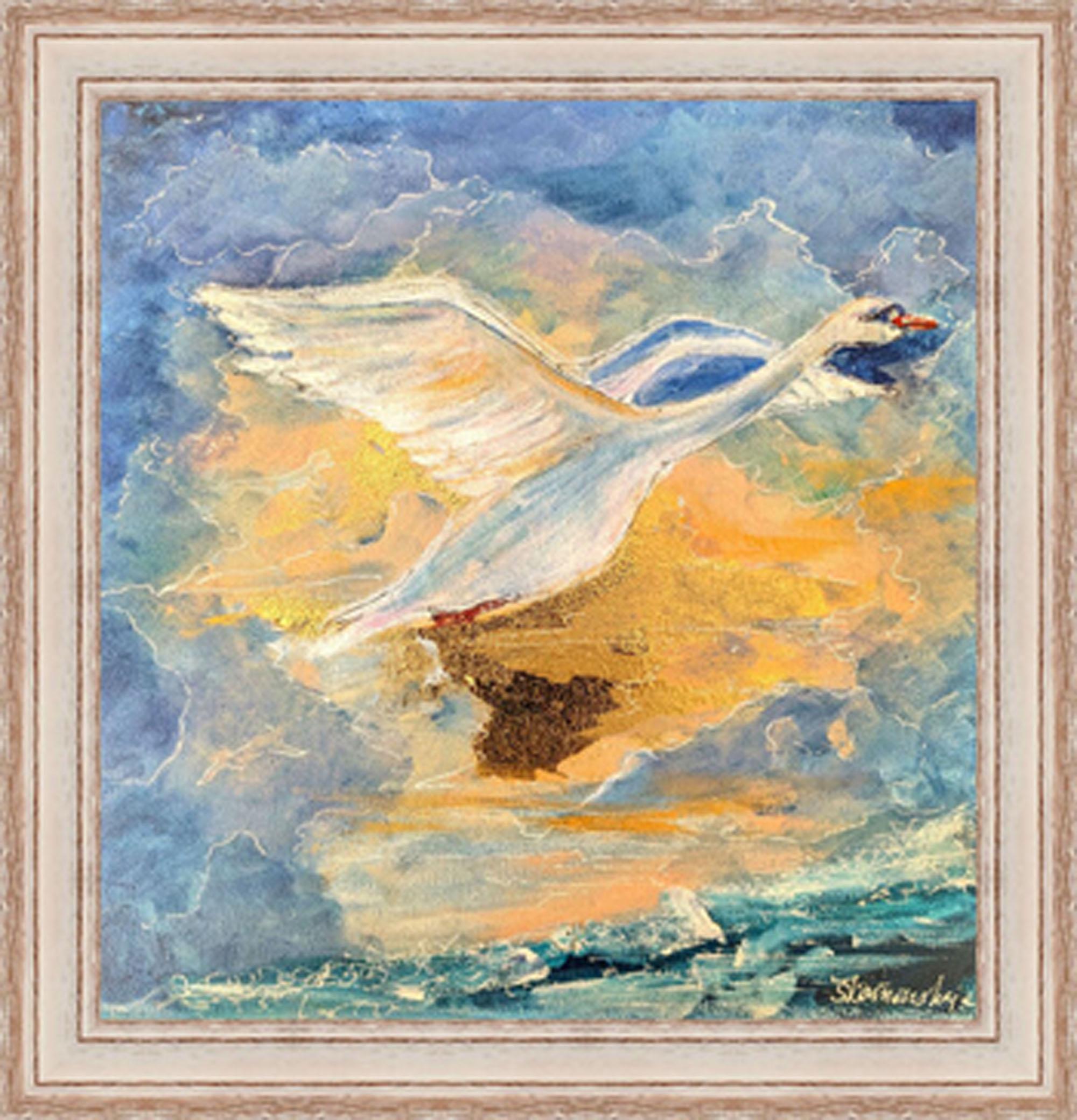 白鳥の絵画 – キャンバスに手描きされたオリジナルのアクリル画、金と