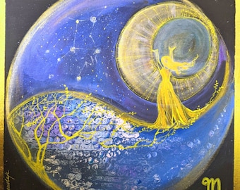Virgin Zodiac Sign Painting Astrology Original Art Vintage Canvas Art 16  by 16 Inch by Zoepictures