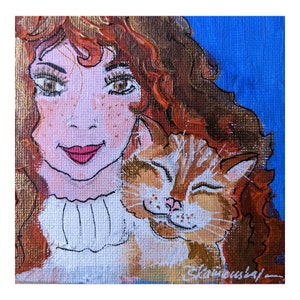 Girl with Cat Small Acrylic Painting, Pets Original Art, Friendship Miniature 4 by4  by Zoepictures