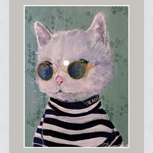 May include: A white cat wearing round, gold-rimmed sunglasses and a black and white striped sweater with the text "The Boss" on the collar. The cat is against a green background with a floral pattern.