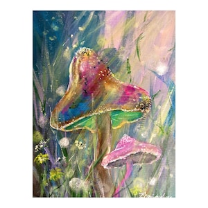 Magical Forest Original Art , Mushrooms Original Painting , Kids Room Wall Art 10x 8 inch