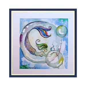 Originele afbeelding van een zeemeermin, miniatuurkunst van de zee, sprookjesachtig klein aquarelschilderij 15 x 15 cm van Zoepictures