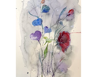 ♡たまみな♡水彩画 春の庭　ムスカリの花とめじろ　値段は※900円です Spring… 絵画