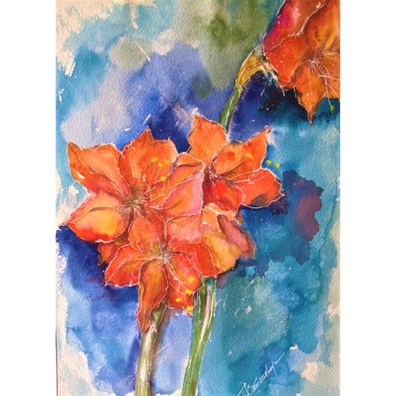 アマリリス オリジナル水彩画 花 壁絵 花の絵 50 x 40 cm Zoepictures