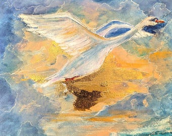 白鳥の絵画 – キャンバスに手描きされたオリジナルのアクリル画、金と
