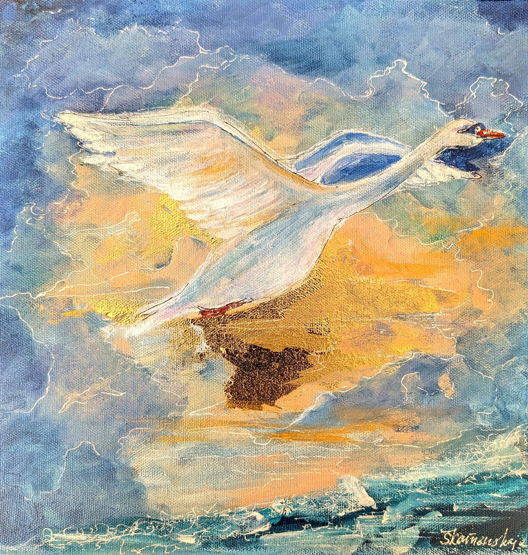 白鳥の絵画 – キャンバスに手描きされたオリジナルのアクリル画、金と