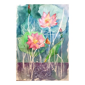 Water Lilies Large Original Watercolor Painting ,  Floral Original Art , Asian Original Art, Flowers Painting 17 by 25  by Zoepictures