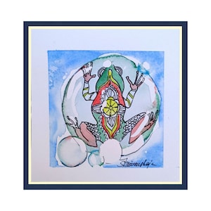 Frog Original Painting , Animals Watercolor Miniature  Original Art , Bubbles Small Artwork 15x15cm by Zoepictures