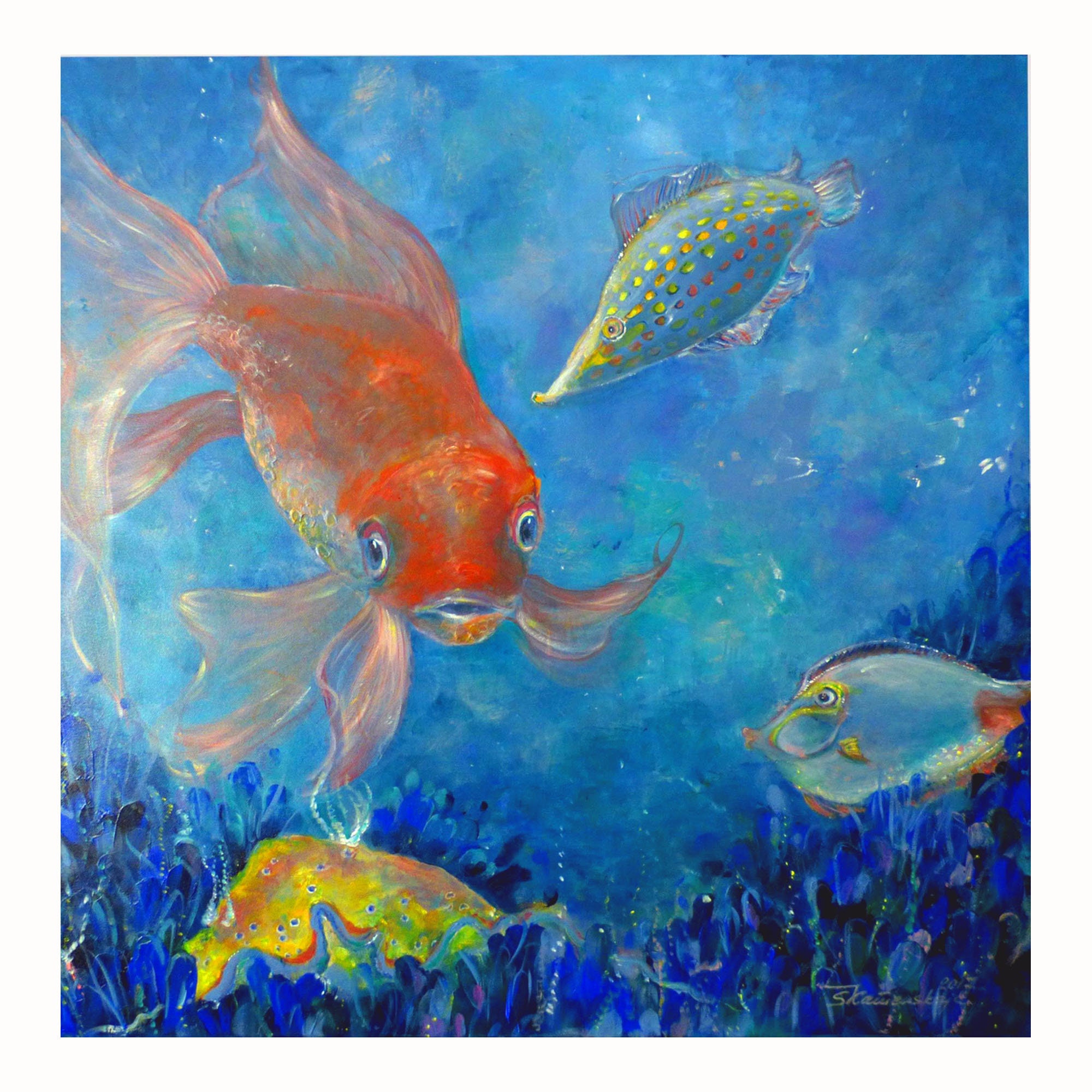 魚のオリジナルのアクリル絵、水中世界の壁画、80 x 80 cm、海の絵 by 