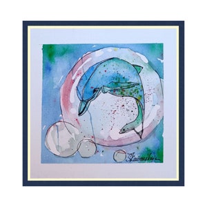 Dolphins Original Painting Watercolor , Sea Miniature Original Art , Animals Small Artwork 15x15cm by Zoepictures