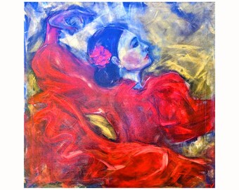 Spain Dance Original Acrylic Painting Flamenco Dance Original Art Large Painting on Canvas 20 by 20 Inch by Zoepictures