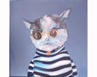 Sailor Cat Painting Canvas Pets Original Art Animals Wall Art 16 by 16 by Zoepictures