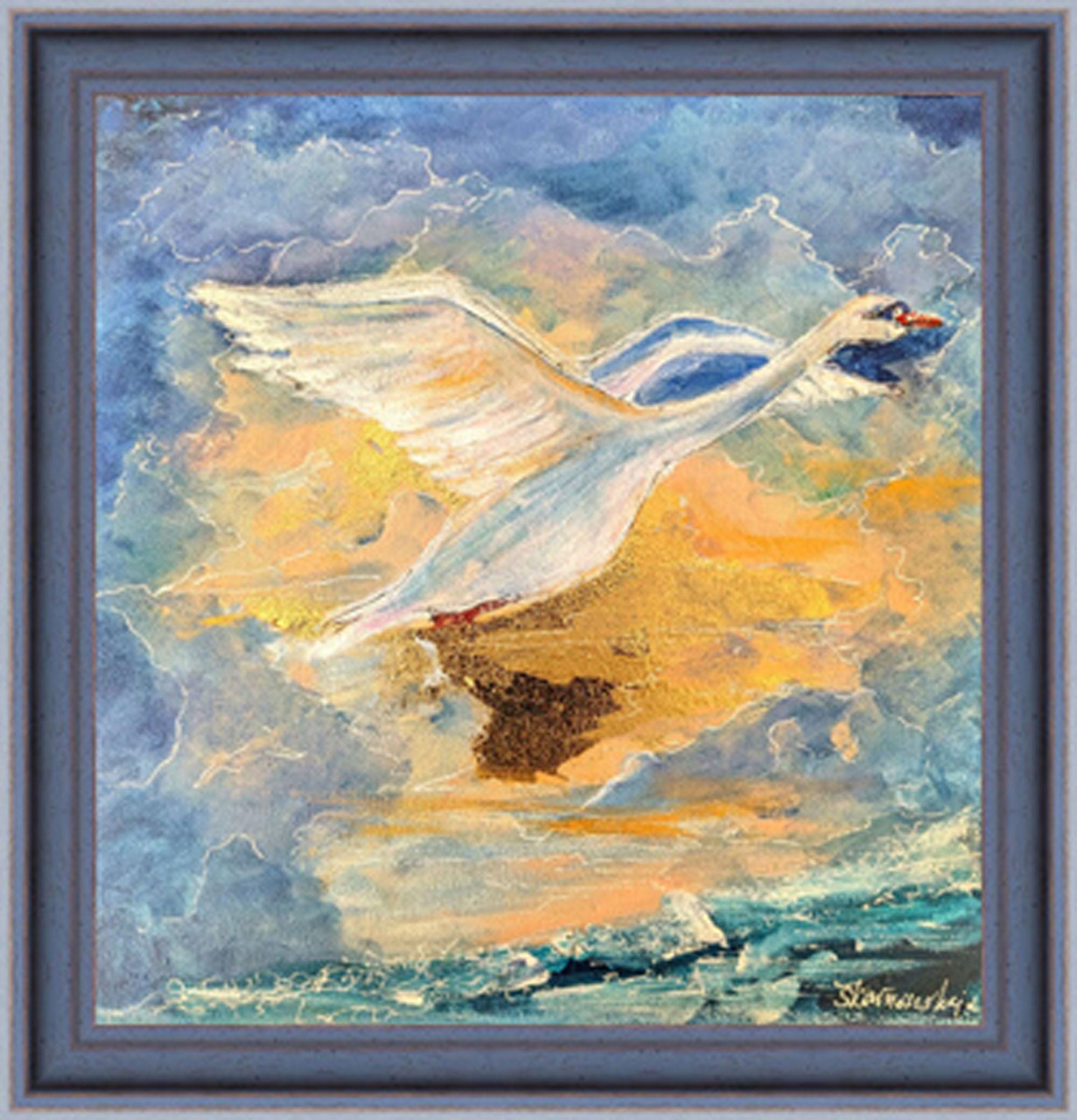 白鳥の絵画 – キャンバスに手描きされたオリジナルのアクリル画、金と