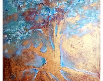 Tree Of Life Abstract Acrylic Painting , Fog Landscape Original Art  , Nature Wall Art 24x24 Inch by Zoepictures